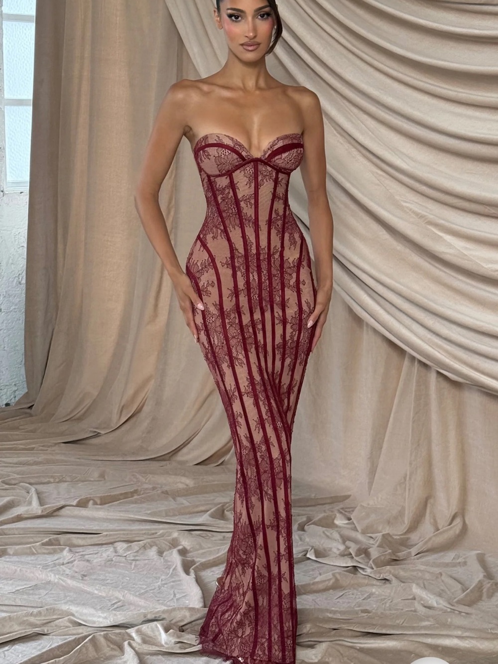 Strapless Burgundy Lace Corset Mermaid Gown